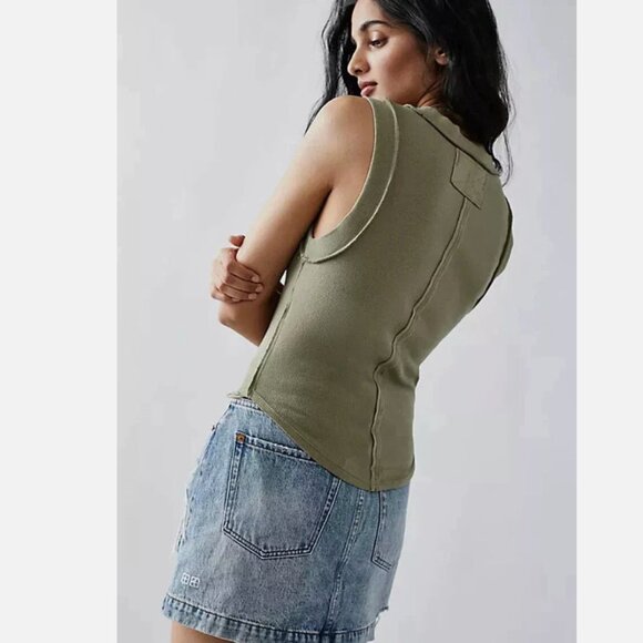 Free People Kate Tee Olive Green Ribbed Tank Top Size XS - Picture 3 of 7